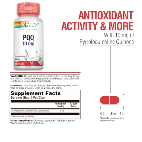Image of SOLARAY PQQ 10 mg, Pyrroloquinoline Quinone Supplement, Cellular, Heart & Cognitive Function Support, 30 VegCaps