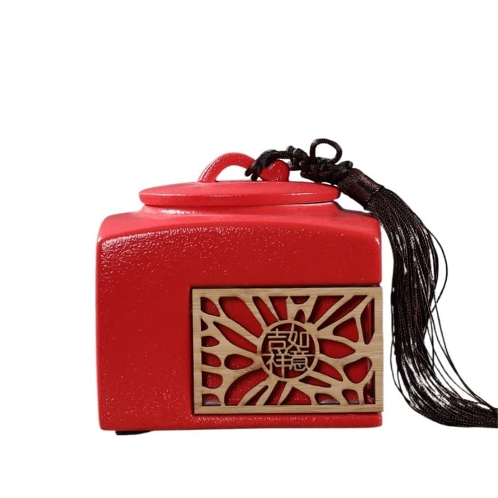 DFHS46JK Kitchen Jars Household Large Ceramic Tea Canister With Tassel Chinese Hollowed Out Sealed Storage Jar for Sugar(Red)
