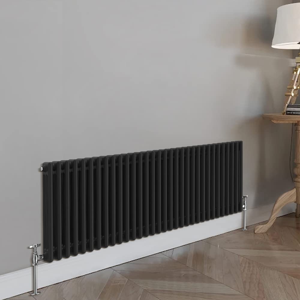 Blümme Traditional Cast Iron Style Triple Column Black Horizontal Radiator 600 x 1460mm – Perfect for Bathrooms Kitchen Living Room