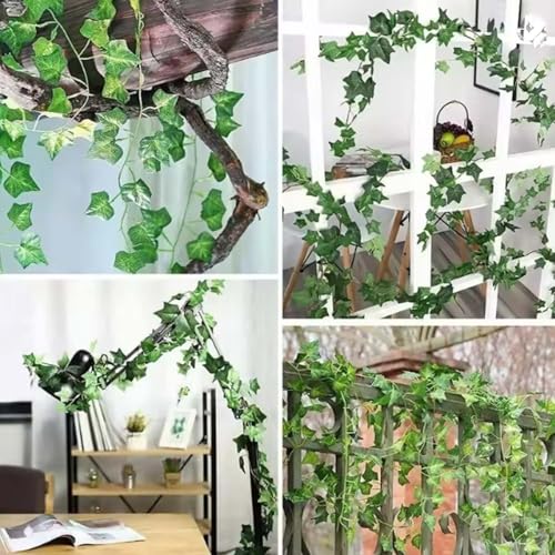 Image of Go Hooked Artificial Hanging Creeper for Home Decor (Pack of 3, 7 Ft) | Green English Ivy Leaf Garland with 4x4 cm, 72 Leaves Each | Plastic Decorative Vine for Balcony, Walls, Garden Decoration