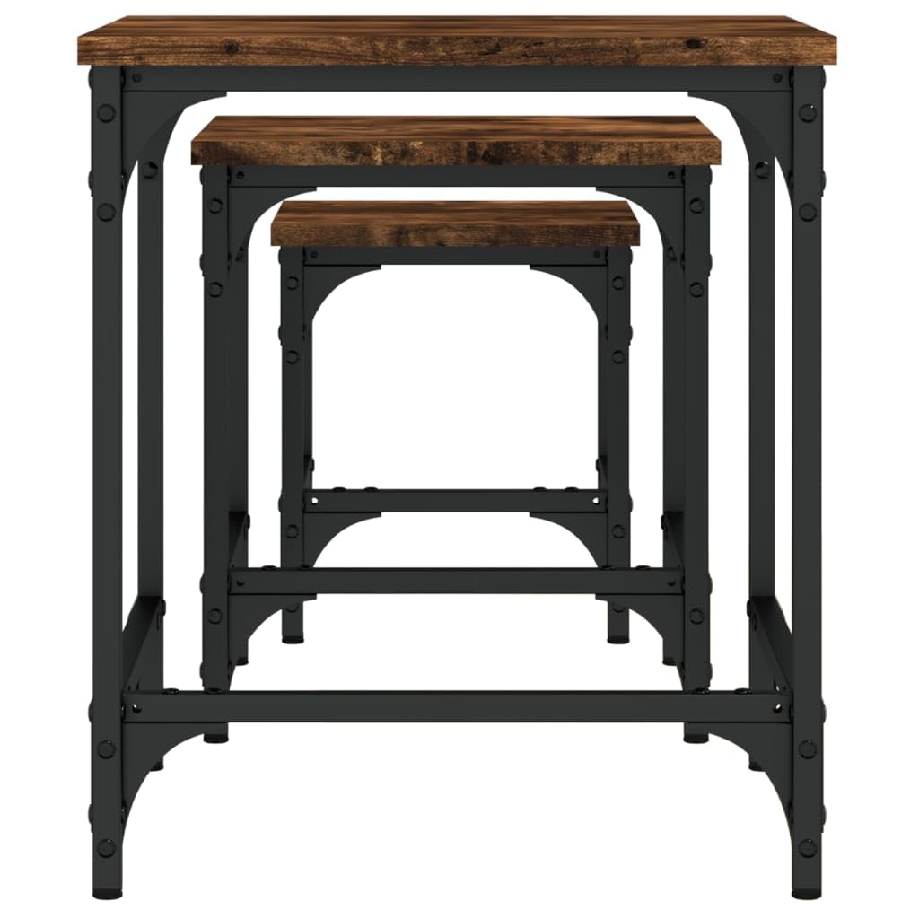 Mesa de reunión, 3 piezas, material de madera ahumada, juego de mesa de café de diseño industrial, mesas auxiliares estables para sala de estar, dormitorio, oficina, ahorro de espacio