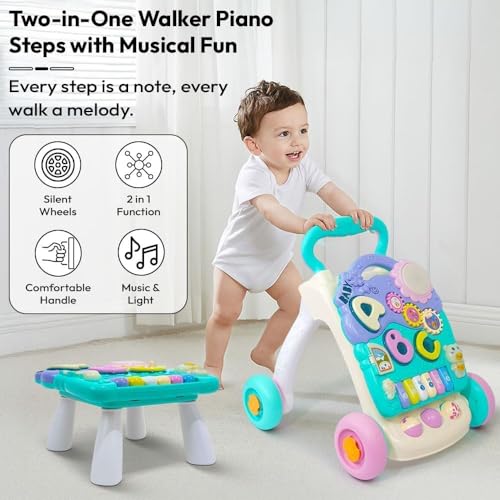 Image of Uonibaby by StarAndDaisy 2-in-1 Baby Multiactivity Push Walker with Piano for Infants & Toddler, Touch Senser, Educational Elements, Music and Stable & Safe Design -Green Pink