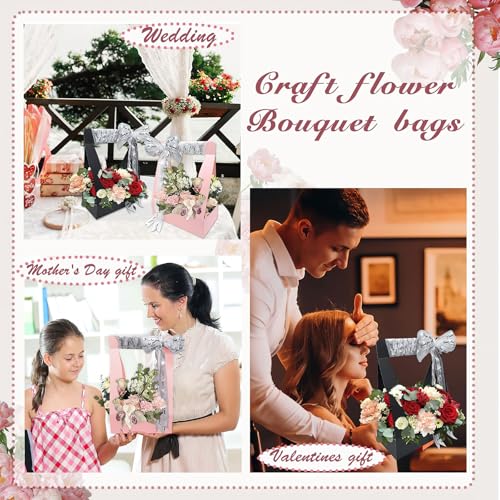 Ylapagne 5 Pieces Paper Flower Gift Bags, Pink Bouquet Flower Box with Handheld DIY Flower Arrangement Basket Flower Packaging Box for Valentine's Wedding Anniversary Party - Image 5