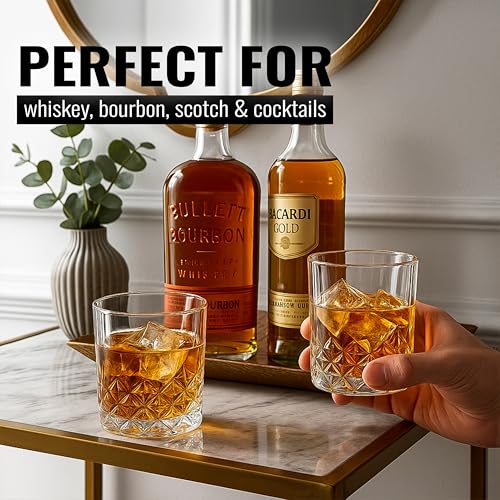 Image of Whiskey Glass Set - Whisky Glasses - Crystal Clear Tumbler Set for Scotch, Bourbon, Cocktails & Old Fashioned, 340 ml Stylish Heavy Base Glassware for Bar, Home, Party & Gift, WHISKEYGLASS 6 Notch