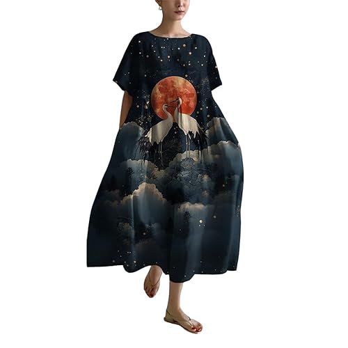 HOTYD Japanese Art Midi Dress for Women Casual Plus Size