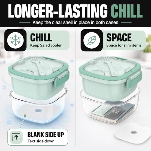 Image of Salad Container with Ice Pack & Handle, 6.8 Cup / 1600ml Large Portable Salad Bowl Lunch Box with Lid, Fork Holder & Sauce Cup, 4-Compartment Removable Tray Meal Prep Bento Box, Green