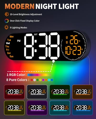 Image of 17.2 Inch Large Digital Wall Clock with 9 Color Changing Remote Control, Date Week Temperature, Auto Brightness Dimmer Clock Night Lights,Orange