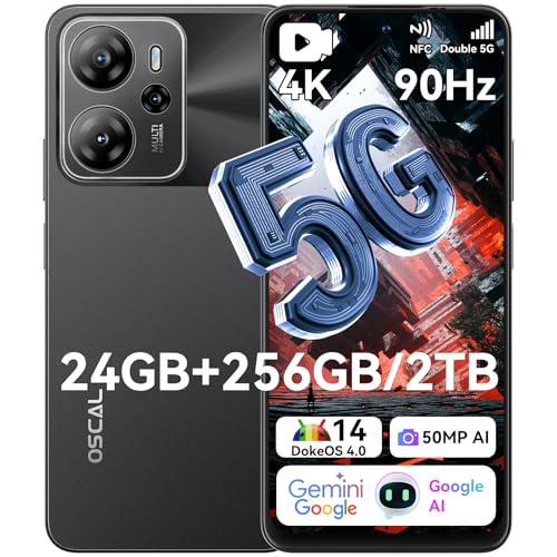 OSCAL Tiger 13 5G Smartphone Gemini Ai Android 14 24GB + 256GB/2TB Telefono Movil, Cámara 50MP AI, 6.67' 90Hz 700nits, Batería 5000mAh(18W), Dual SIM 5G/Face ID/Fingerprint/NFC - Negro