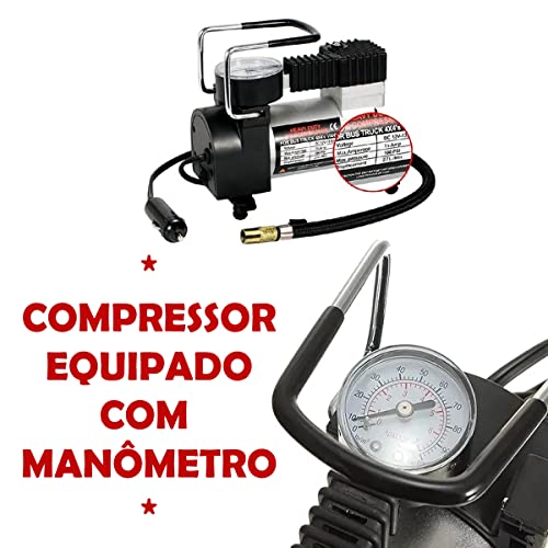 Compressor Veicular De Ar Mini Elétrico Portátil Prata 12V Com Manômetro Encher Pneu Bicicleta, Carr