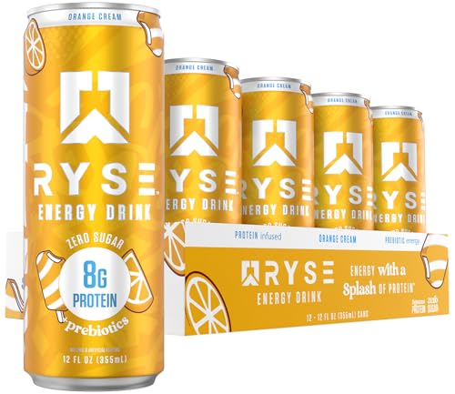 RYSE Functional Energy Drink - Orange Cream - 150mg Natural Caffeine, 8g Whey Protein & 1g Prebiotics - Sugar Free, Gut-Friendly, Bloat-Free - 12 fl oz Cans (12-Pack)