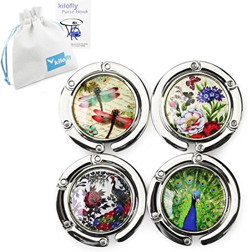 kilofly Purse Hook [Set of 4] - Foldable - Gorgeous Peacock Pouch