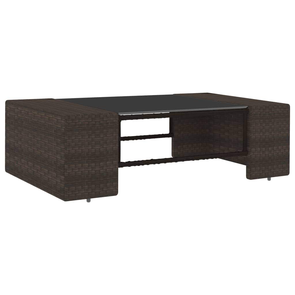 Set Divani da Giardino 2 pz in Polyrattan Marrone con Tavolo | Salotto modulare per terrazzo e patio con tavolino in vetro temperato e cuscini sfoderabili color crema.