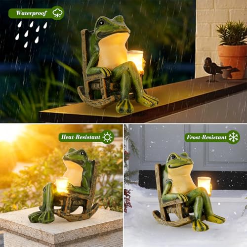 Image of HASTHIP Solar Frog Rocking Chair Statue Light, Funny Garden Resin Frog Night Light Planter Decor Mood Light, Decorative Lamp for Patio Porch Yard Home Decor Home Gift, 10x10x6cm