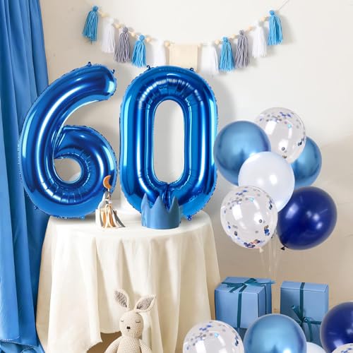 Image of 60 Balloon Number Blue, Big Number 60 Balloon Pastel Navy Dark Blue with Metallic Silver Confetti Balloon for Men 60th Birthday, Foil 40'' Self Inflating Balloon 60 for Anniversary Party Decorations