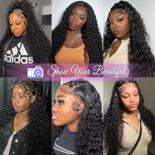 Deep Wave Lace Front Wigs Human Hair Deep Curly 13x6 HD Lace Frontal Wigs for Women 200% Desnity Glueless Wig Pre Plucked Super Soft Natural Black Color 24 Inch