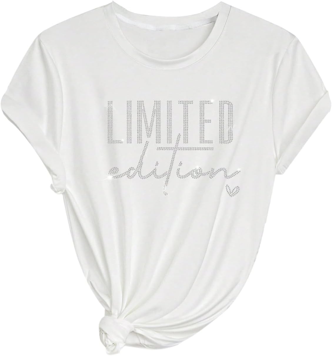 Verdusa Rhinestone Tops for Women Graphic Tees Crew Neck Short Sleeve Casual Loose T Shirts Small White
