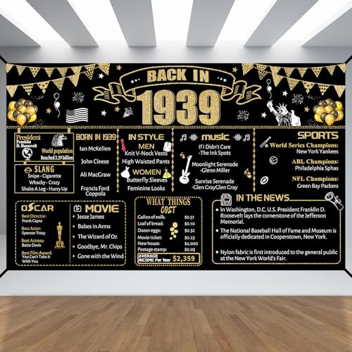 87th Decorative Cloth for Women or Men, Birthday Banner With Holes, Built-in White Ribbon 1939 87th Year for Grandpa Grandma Old Happy Birthday Banner, Outdoor、Indoor Bday Background Decor