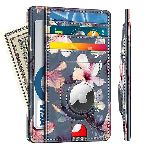 Fintie Slim Minimalist Front Pocket Wallet with Built-in Case Holder for AirTag, 7 Slots Leather Wallet with AirTag Holder, RFID Blocking Cash Credit Card