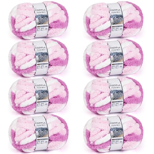 Image of Cozyful Chunky Yarn for Hand Knitting - #10 Chunky Chenille Blanket Yarn, Jumbo Big Thick Chunky Yarns for Crocheting, Tie Dye Bulky Knit Yarns, 8 Skein (20 yds 8 oz Each Skein), White & Pink & Rose