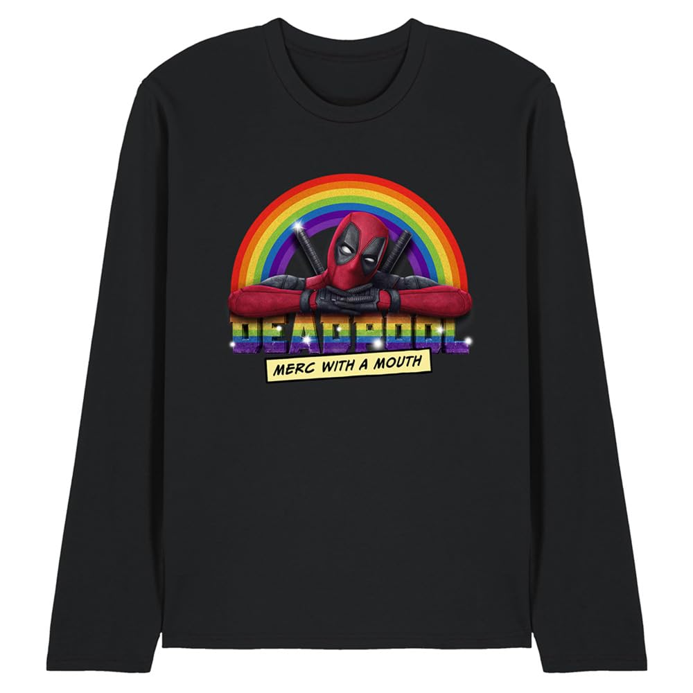 Marvel Deadpool Rainbow MERC with A Mouth Unisex Long Sleeve T Shirt, Black, Medium