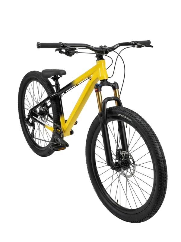 Image of Custom Build Yellow and Black MTB Stunt Cycle 14' Down Frame. Alloy Locking-Out Suspension Fork 1 /7 Speed Gear and Alloy 780mm Long Handle