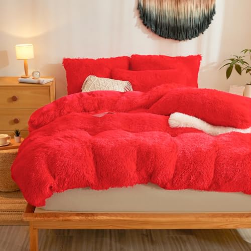Plush Fluffy Red Comforter Cover Twin Set – Faux Fur Plush Red Bedding 2-Piece Set (1 Furry Duvet Cover + 1 Shaggy Pillow Sham) Cozy Bed Set