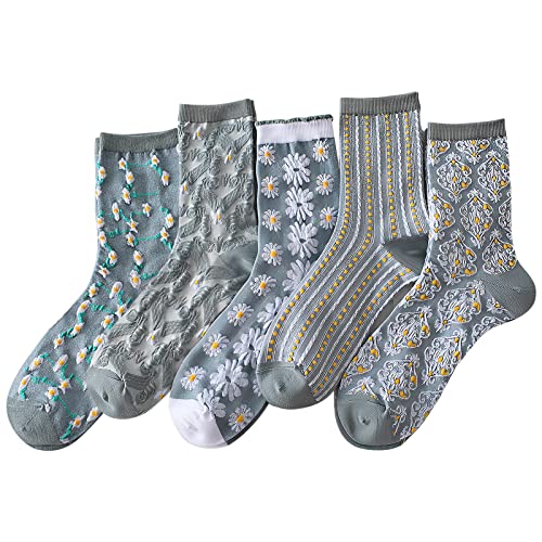 Image of 5 Pack Cute Womens Floral Socks, Vintage Embroidered Frilly Floral Ankle Cotton Cottagecore Socks