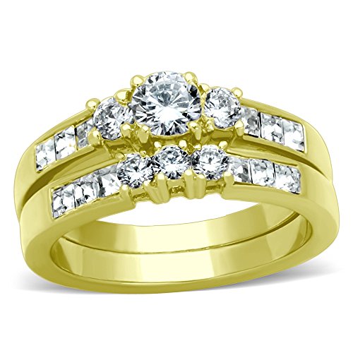 1.35ct CZ Gold IP Stainless Steel WOMENS WEDDING/ENGAGEMENT RING SET