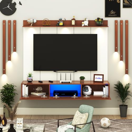 Image of Anikaa LucenPro Engineered Wood Wall Mount TV Unit with PVC Back Panel, Acrylic Blue LED Storage Box, Side Wooden Accent Spot Light Panels I Deal for Up to 50 Inch TV (Walnut - DIY Installation)