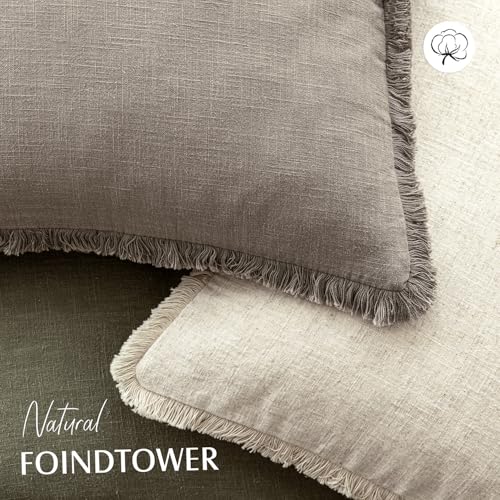 Image of Foindtower Set of 2 Decorative Linen Fringe Throw Pillow Covers Boho Farmhouse Cushion Cover with Tassels Accent Pillowcase for Couch Chair Sofa Bed Living Room Home Decor,22x22 Inch,Brown Tan