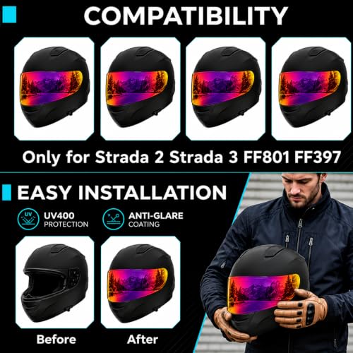 Image of PSLER Shatterproof Helmet Visor for Strada 2 Strada 3 FF801,Purplish Red
