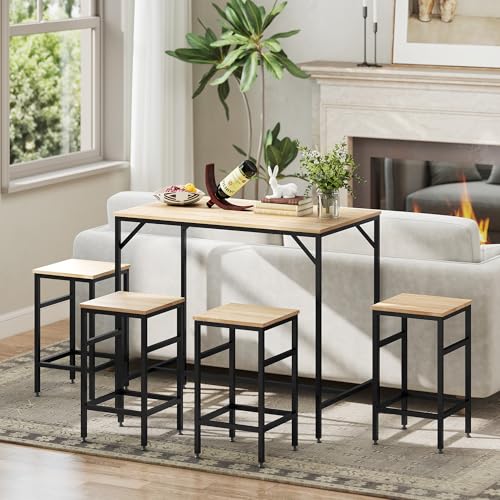 HOMCOM Juego de Mesa y Taburetes de Bar, Mesa Alta de Cocina con 4 Taburetes Industrial, con Reposapiés, Ahorro de Espacio, para Espacios Reducidos, Comedor, Salón, Roble - imagen 8