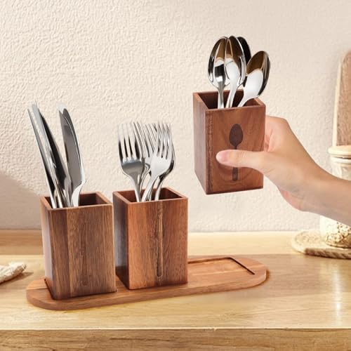 Yallmie Wooden Cutlery Rack with 3 Compartment, Silverware Caddy with ...
