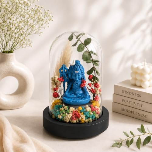 Image of eCraftIndia Handcrafted Lord Shiva Idol in Glass Dome with Dried Flowers & Wooden Base | Decorative Spiritual Showpiece for Home, Office, Living Room, Temple & Gift for Festivals