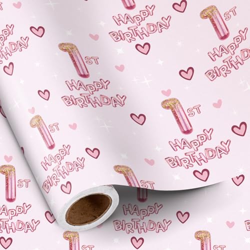 RUSPEPA 1st Birthday Wrapping Paper Girls Hearts and Pink Number 1 Balloons Happy Birthday Design 1 Year Old Mini Roll 17 Inches x 16.4 Feet Perfect for Girls Birthday Party Gifts