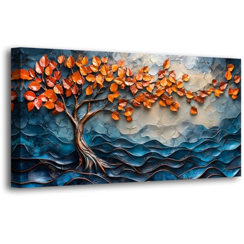 Tree of Life Canvas Wall Art Bedroom Wall Decor Living Room,Abstract Wall Art Office Kitchen Paintings Artwork Modern Blue Wave Leaf Pictures Art Prints Waterproof Ready to Hang-20x40inch