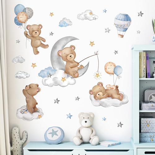 decalmile Bear Sleeping on The Moon Wall Decals Hot Air Balloon Animals Clouds Wall Stickers Baby Nursery Kids Bedroom Playroom Wall Décor - Image 3