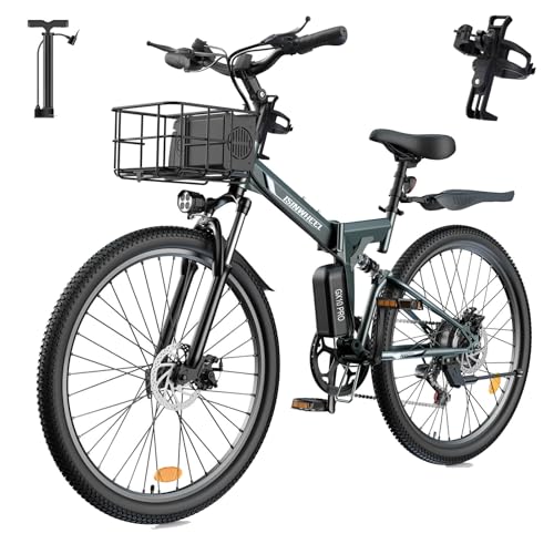 isinwheel M40 Folding Electric Bike for Adults 500W Ebike with Basket, Dual USB Charging Ports, Full Suspension, 7 Speed Gearshift, 20mph Foldable Electric Bicycles, 26" Electric Mountain Bi