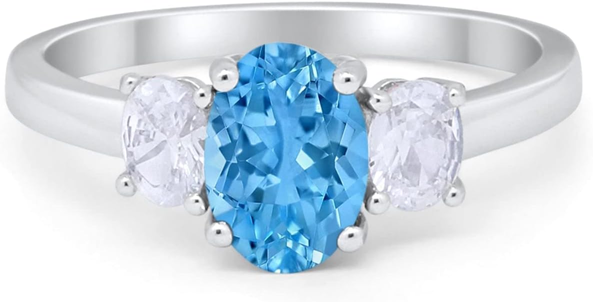 Blue Apple Co. Oval Three Stone Wedding Engagement Ring Simulated Cubic Zirconia 925 Sterling Silver
