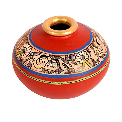Image of Aakriti Art Creations Earthen Handcrafted Red Madhubani Vase 4.5x5.5 (HxD) | Terracotta Flower Vase | Matte Finish Traditional Decorative Vase for Living Room Decor, Table Decor, Shelf Decor & Gifting