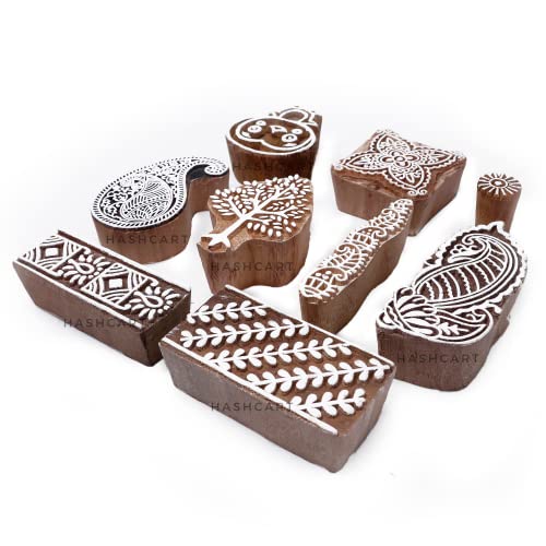 Image of Hashcart | Set of 10 | Multi Shape Designer Stamps for Scrapbooking | Wooden Blocks for Project Designing | Henna Mehndi | Clay | Pottery Craft | Saree Border | Project Making