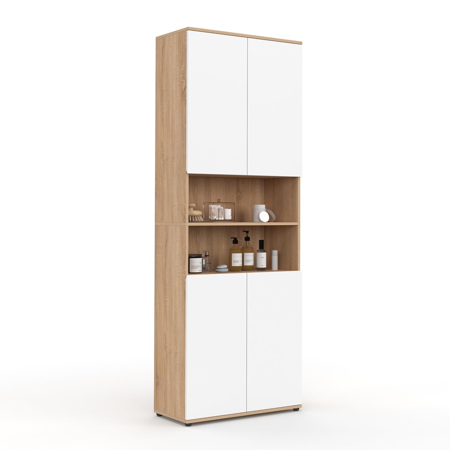 IDMarket - Meuble Armoire Colonne Salle de Bain TOMI 4 Portes 2 niches façon hêtre et Blanc