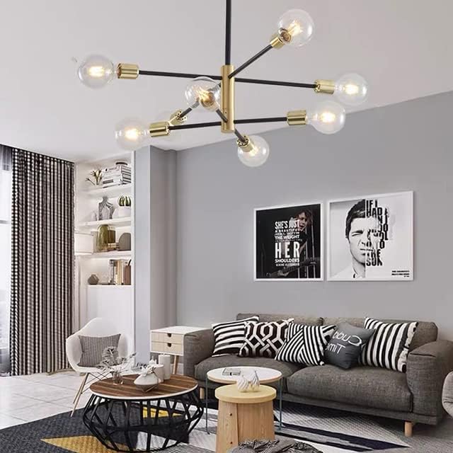 Sputnik Living Room Ceiling LightsNordic 8 Lights Black and Gold Semi-Flush Ceiling Light Modern Dining Room and Kitchen Room Ceiling Lighting Fixture
