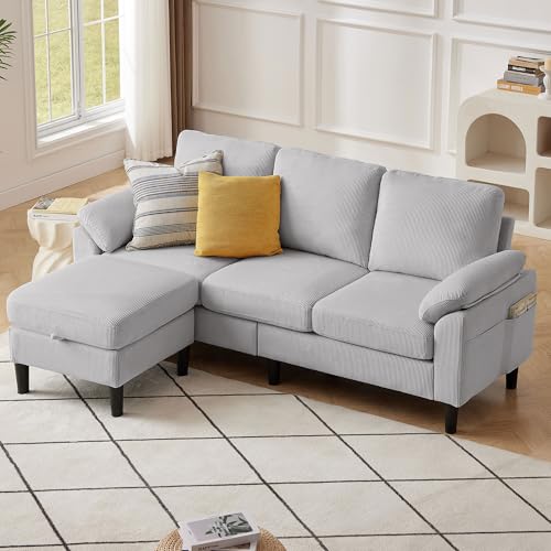 Image of 80''L Shaped Sectional Sofa Couch, 3 Seater Corduroy Sofa with Storage Ottoman, Removable & Washable Cushion Covers, Side Pockets, Modern L Couch for Living Room, Light Grey