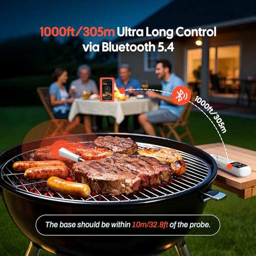 INKBIRD Wireless Meat Thermometer, Bluetooth Meat Thermometer Probe with Temperature Alarm, IP67 Waterproof, Ideal for Kitchen, BBQ, Smoker & Air Fryers