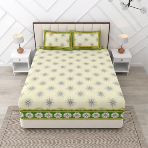 Image of RajasthaniKart Pure Cotton 240 TC Printed Double /King Bed Elastic Fitted Bedsheet with 2 Pillow Covers - All Around Elastic | 72 inchx78 inch|72 inchx72 inch|Fits Up to 8 inch Mattress|105