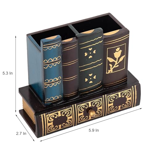 VERGOODR Porta-lápis decorativo e caneta com gaveta de armazenamento, organizador de mesa de madeira