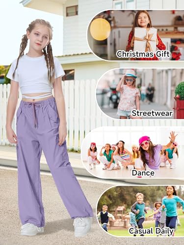 Image of Rolanko Parachute Pants for Girls Y2K Cargo Trousers with Pockets Harajuku Jogger Pants Kids 4-14 Years