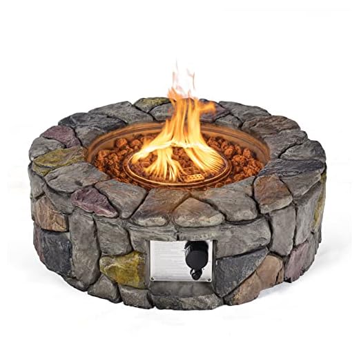 Tangkula 28 Inch Round Propane Gas Fire Pit, Patiojoy 40,000 BTU Stone Look Outdoor Propane Fire Pit with Lava Rocks & PVC Cover, Faux Stone Gas Fire Pit Table for Patio, Courtyard, Garden (Grey)