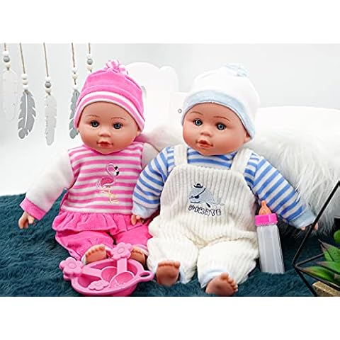 Bibi Doll - 13” Twin Baby Girl Boy Twins Dolls Set With Sounds Feeding Set & Magic Bottle Cover